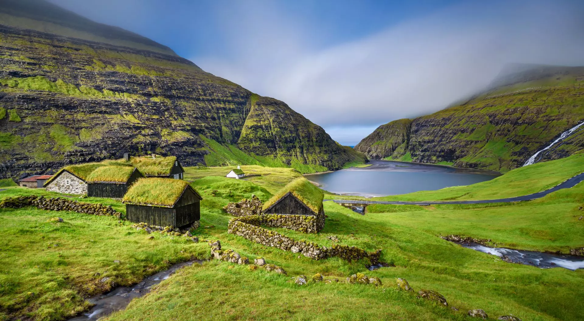 Colorful green landscape of the Village of Saksun located on the island of Streymoy, Faroe Islands