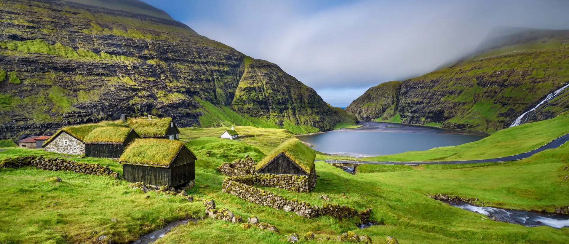 Colorful green landscape of the Village of Saksun located on the island of Streymoy, Faroe Islands