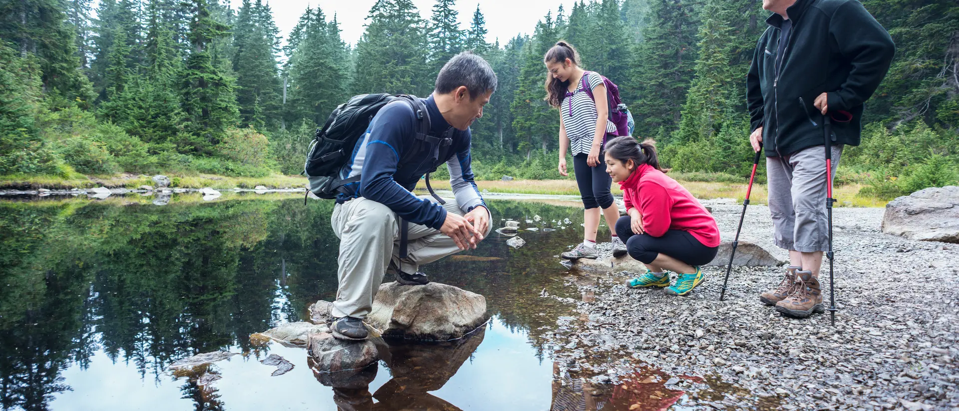 Four people explore a rocky shore by a reflective lake, surrounded by lush green trees, enjoying nature together.