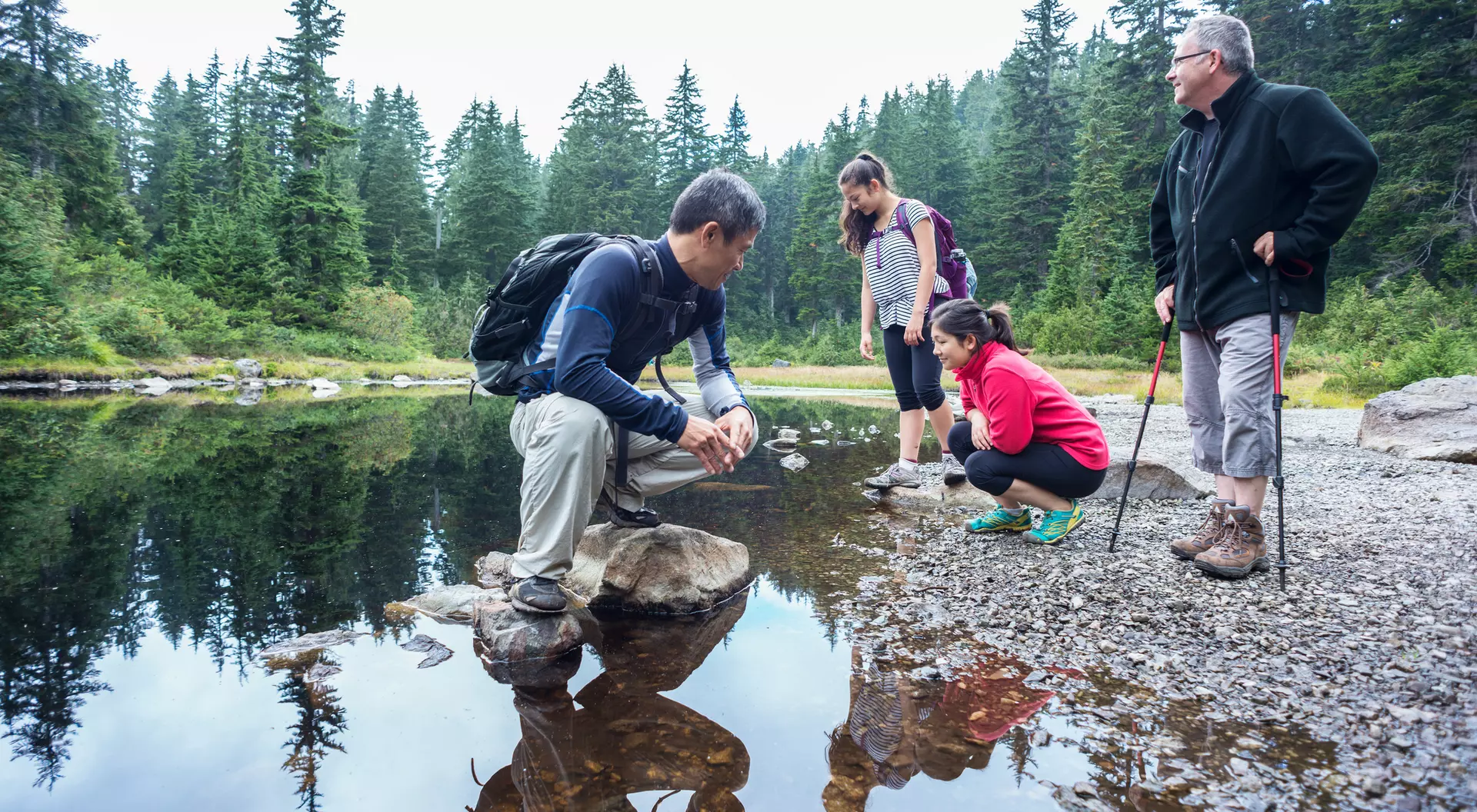Four people explore a rocky shore by a reflective lake, surrounded by lush green trees, enjoying nature together.