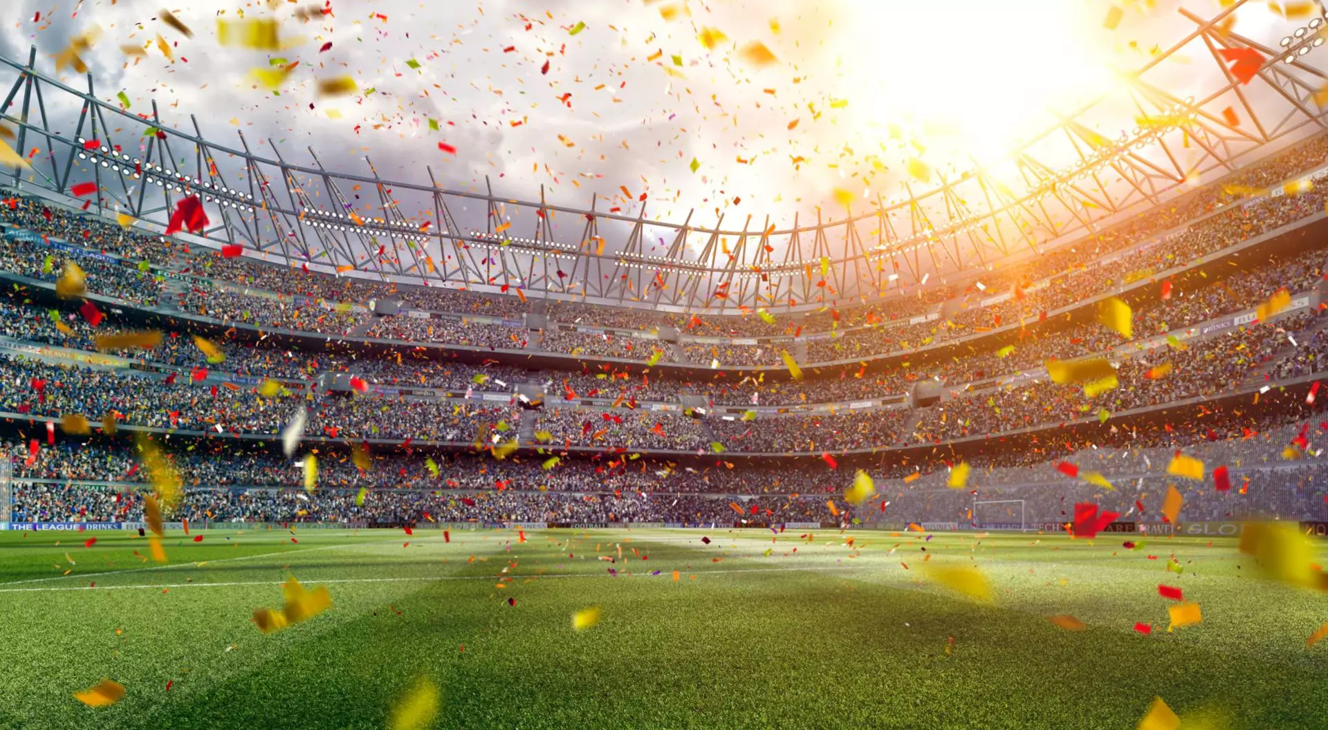 Panoramic view of soccer stadium with crowd on a sunny day