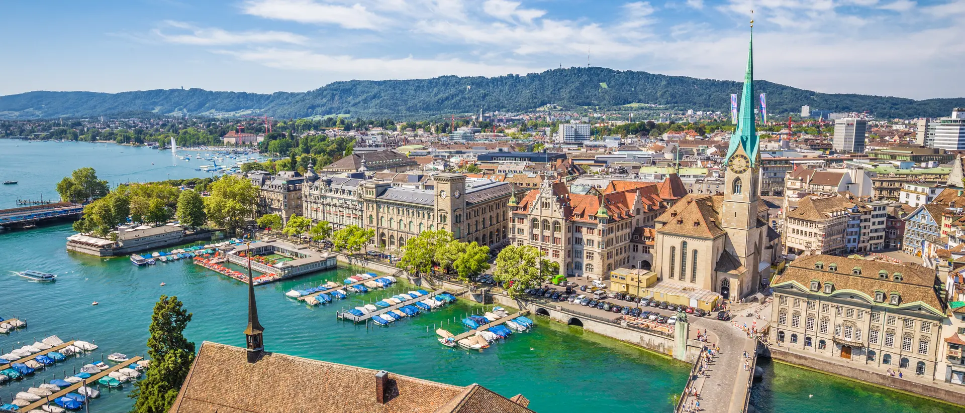 Aerial view of Zürich city center with famous Fraumünster Church and river Limmat at Lake Zurich from Grossmünster Church