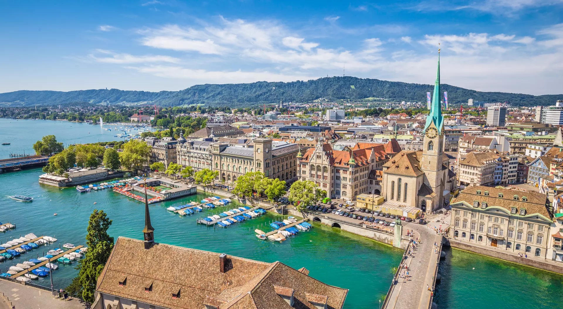 Fraumunster Church Aerial view of Zürich city center with famous Fraumünster Church and river Limmat at Lake Zurich from Grossmünster Church