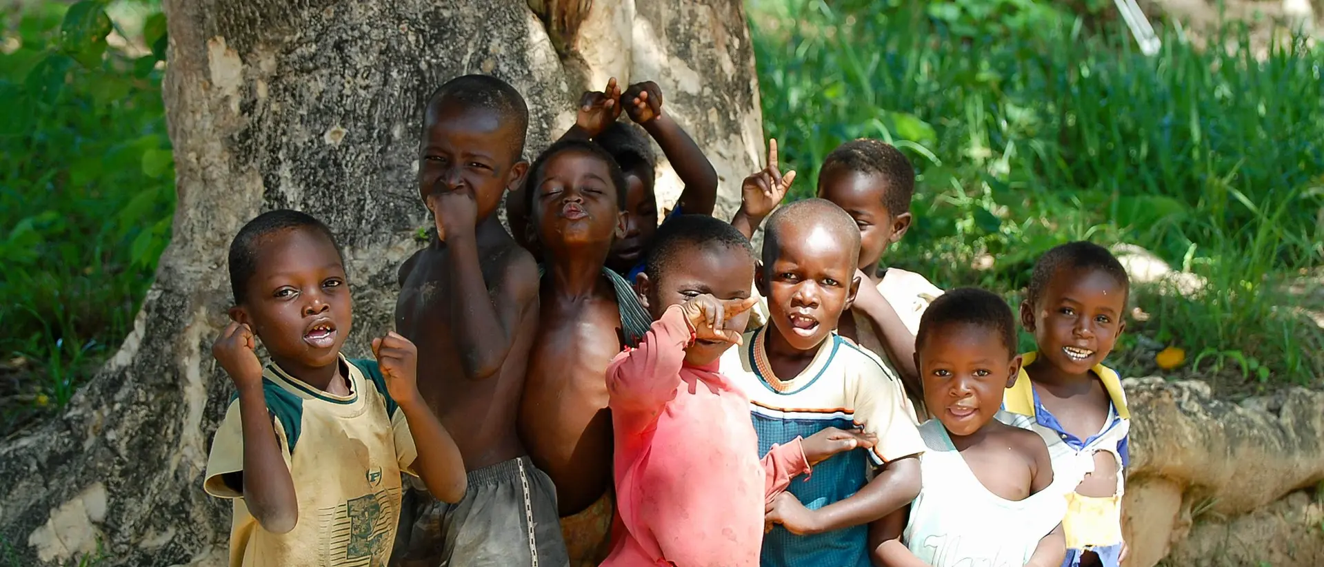 A group of children standing together under a tree, smiling and making playful gestures.