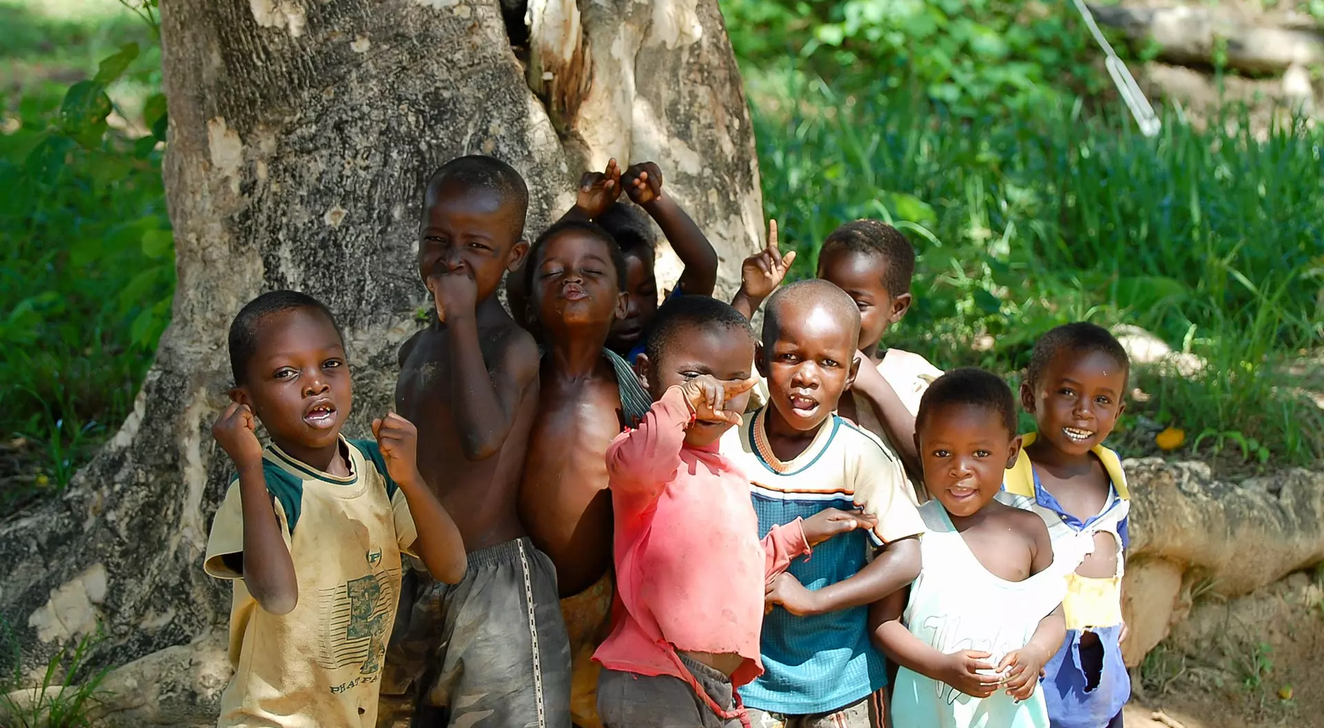 A group of children standing together under a tree, smiling and making playful gestures.