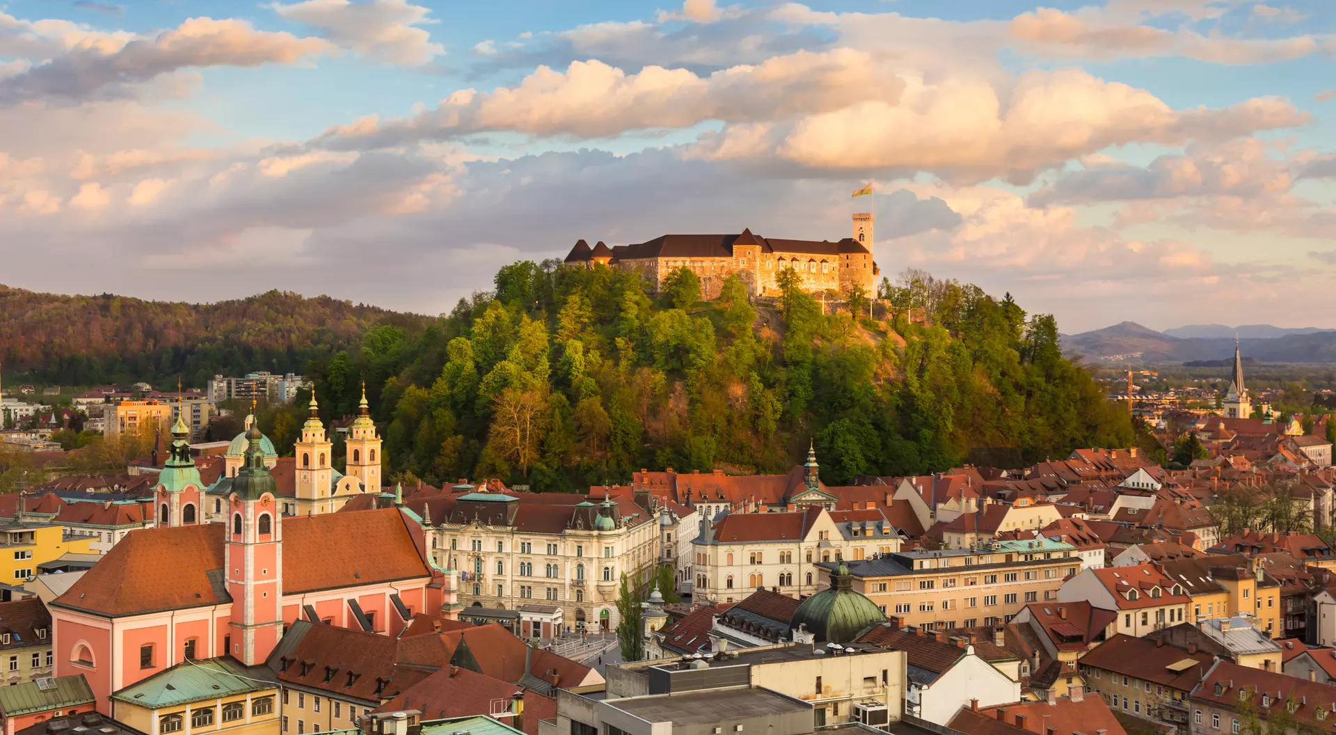 Panorama of the Slovenian capital at sunset