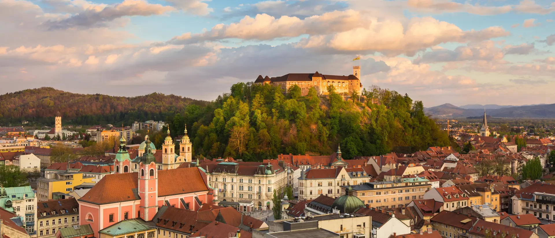 Panorama of the Slovenian capital at sunset