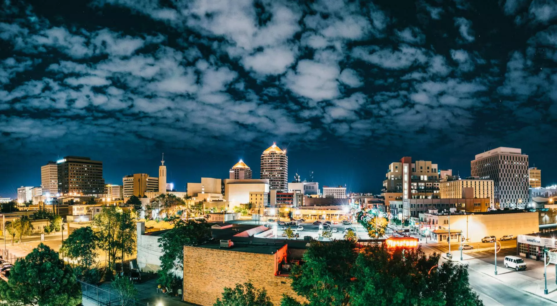Albuquerque, United States Panoramic image of city skyline at night.
