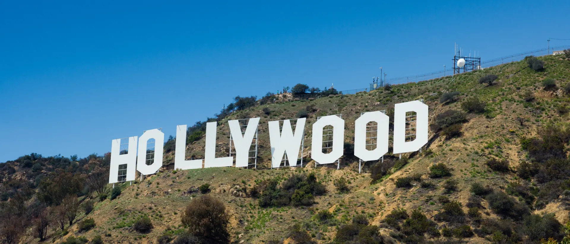 The Hollywood sign viewed from the track that leads up to it. This is taken near the sign from below and uses a polarizer to enhance the sky colour.
