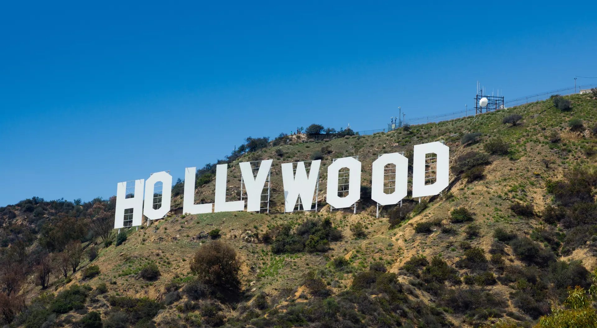 The Hollywood sign viewed from the track that leads up to it. This is taken near the sign from below and uses a polarizer to enhance the sky colour.