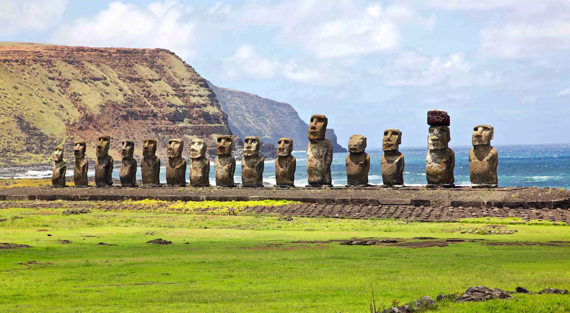 The moais stone platform of Ahu Tongariki on the south coast of Easter Island