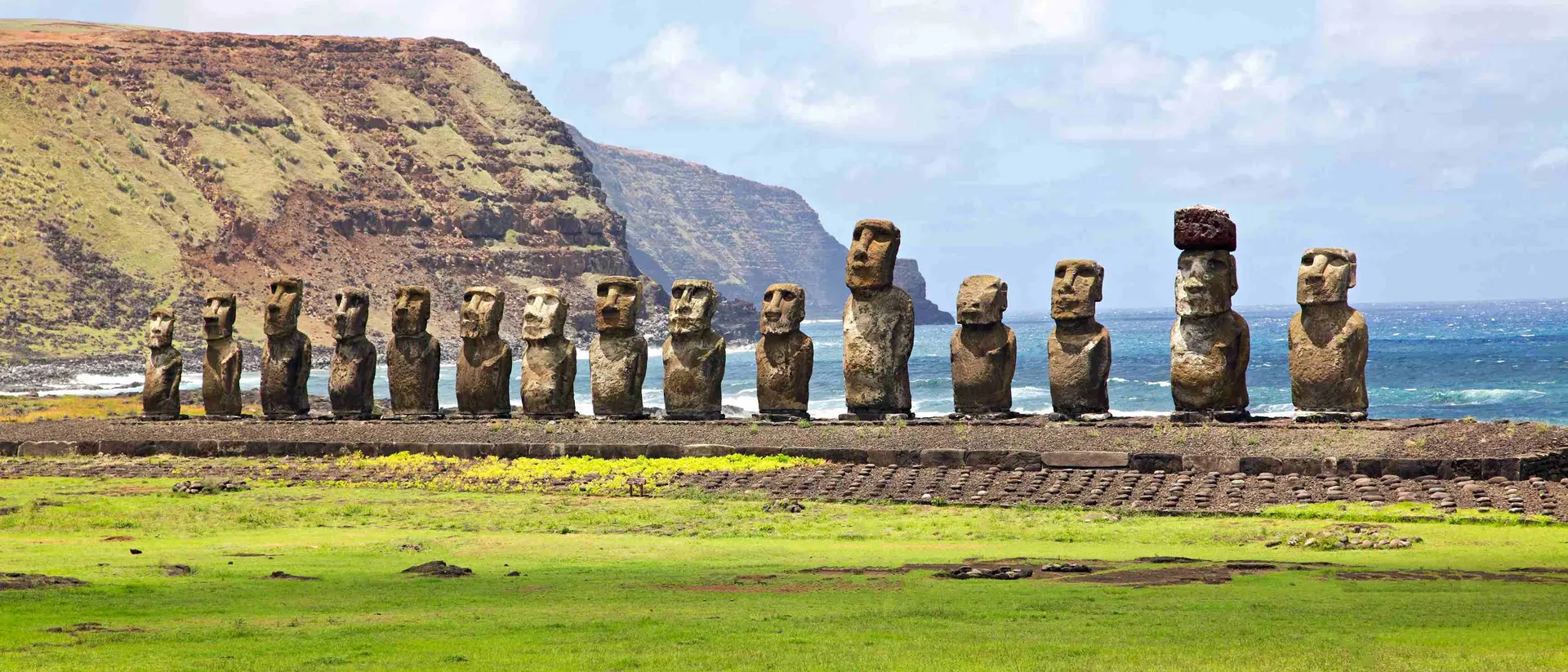 The moais stone platform of Ahu Tongariki on the south coast of Easter Island