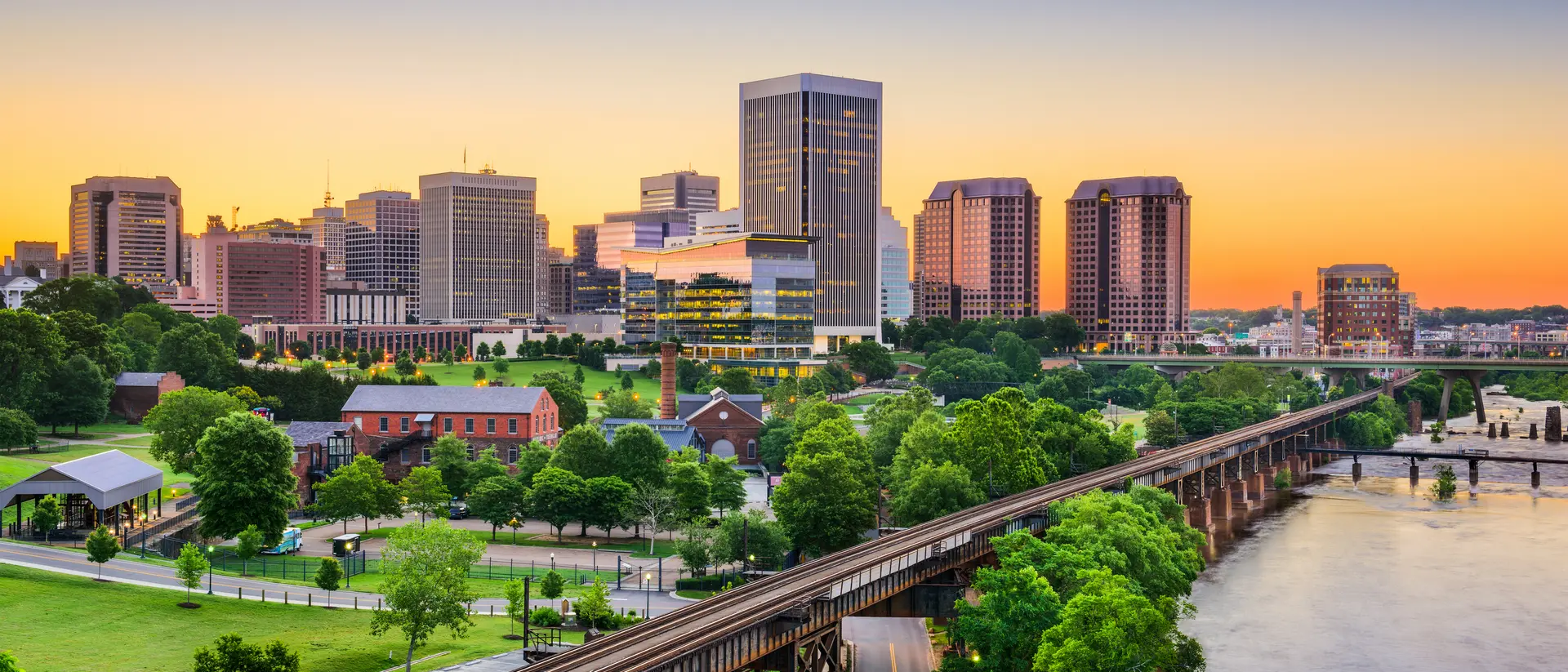Richmond, United States Downtown skyline at sunset.