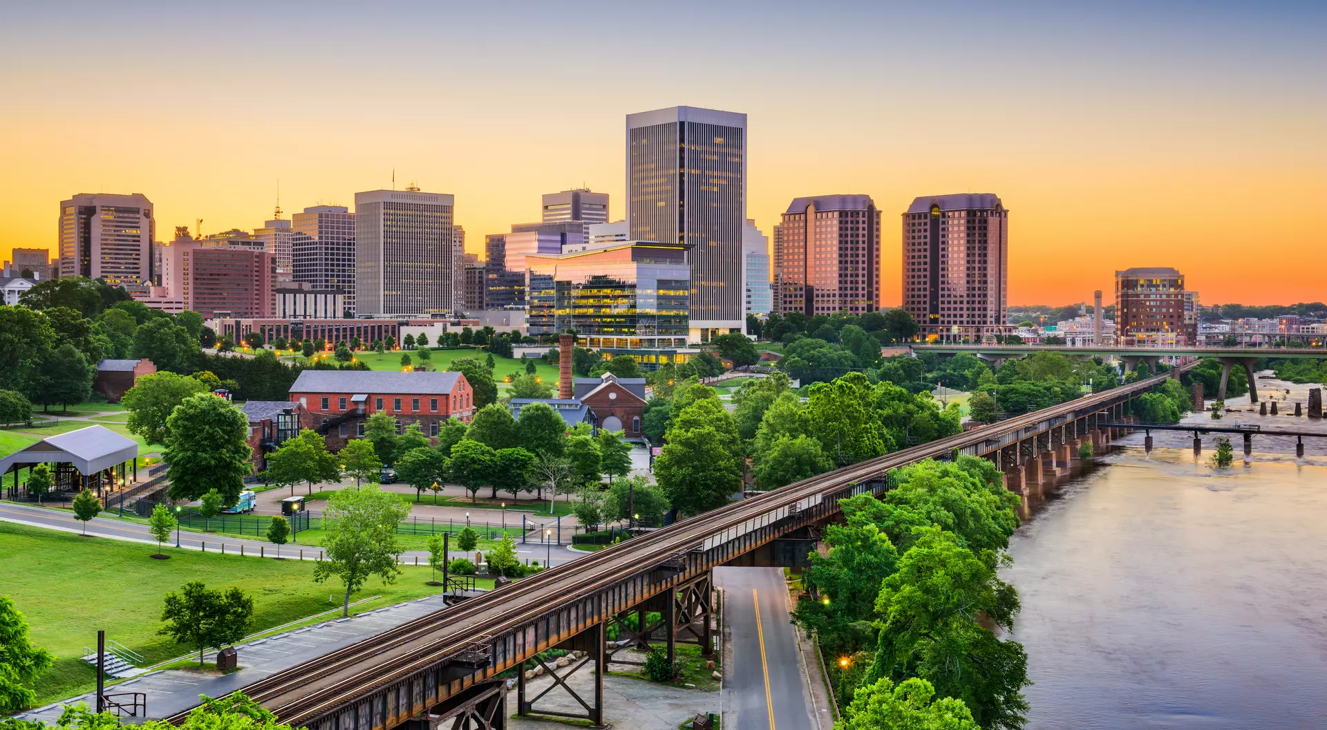 Richmond, United States Downtown skyline at sunset.