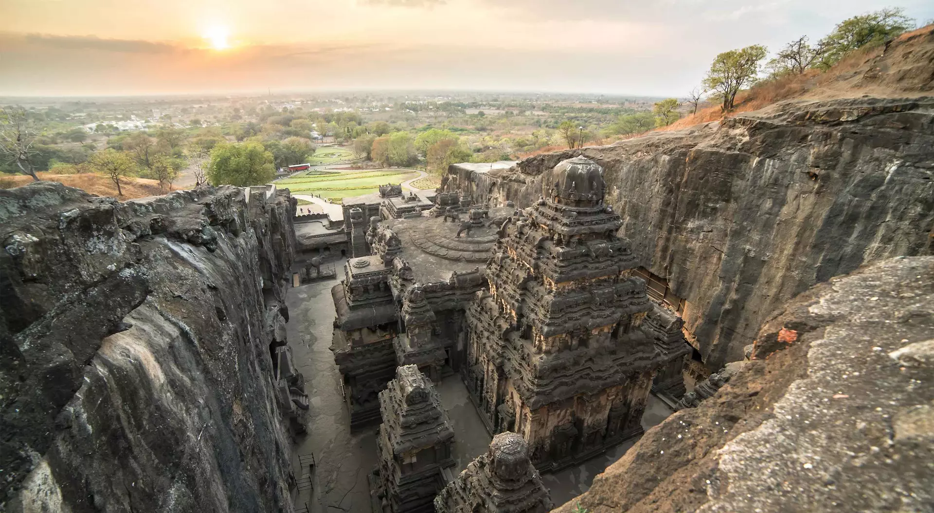 Sunset atop the Kailas temple in Ellora caves complex, a series of 34 magnificent rock-cut temples