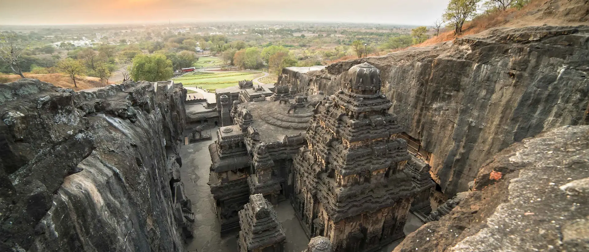 Sunset atop the Kailas temple in Ellora caves complex, a series of 34 magnificent rock-cut temples