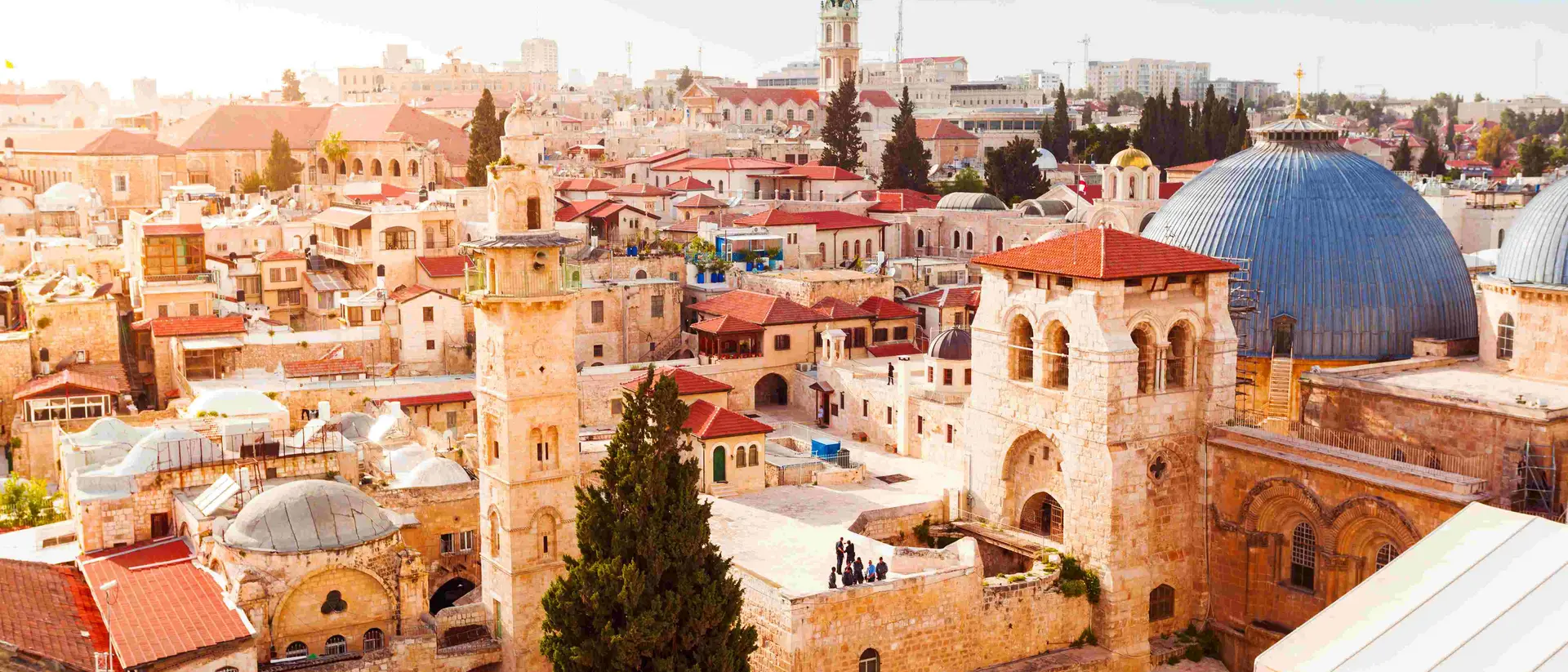 Aerial view of the Old City of Jerusalem with view of the Church of the Holy Sepulchre, Israel.