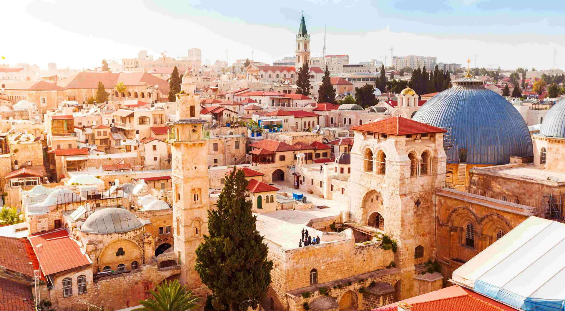 Aerial view of the Old City of Jerusalem with view of the Church of the Holy Sepulchre, Israel.