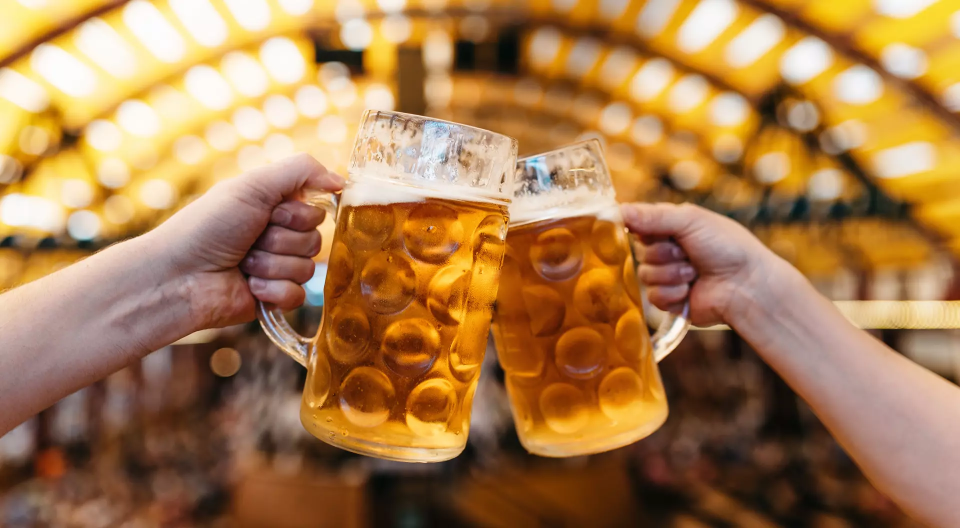 Two hands clinking beer glasses in octoberfest marquee.
