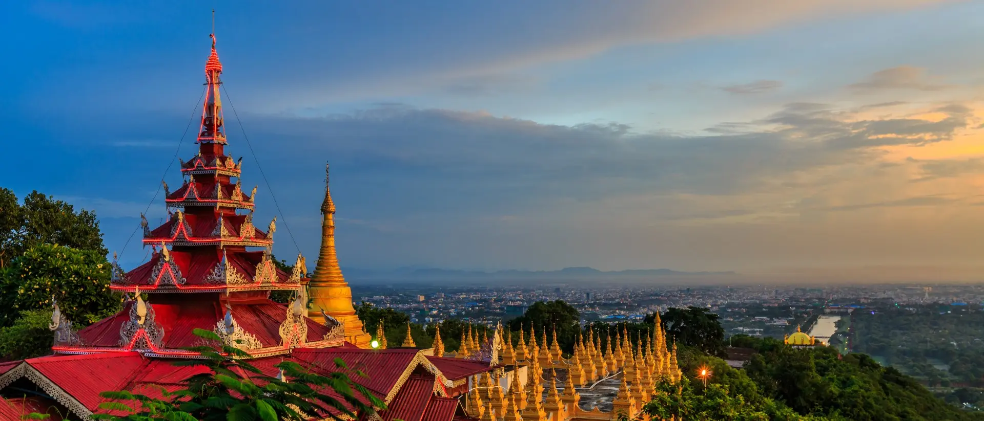 Mandalay HIll HIllside view of the red roof of Mandalay Palace and Hill