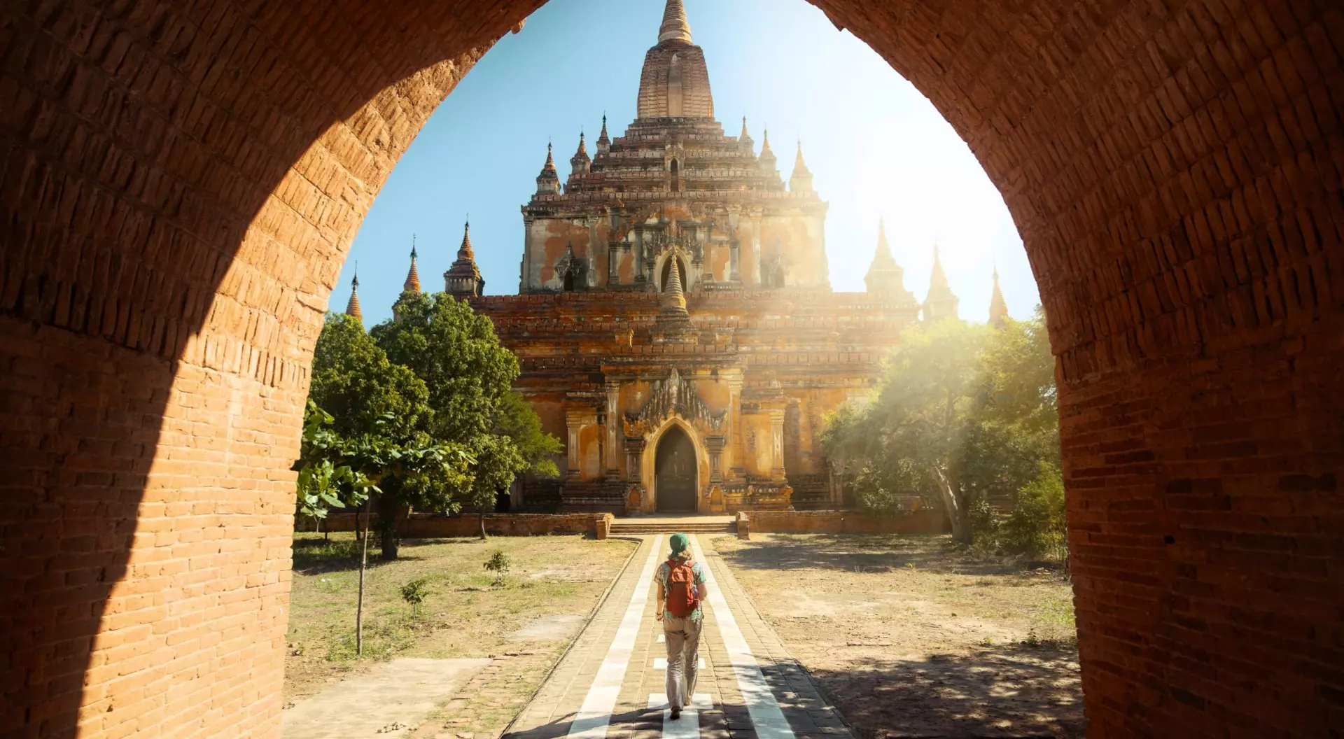Htilominlo Temple, Bagan Traveler walking along the road to the Htilominlo temple in Bagan, Myanmar