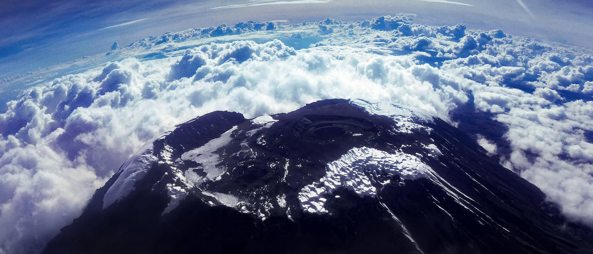 Aerial view of Kibo volcanic cone at the summit of Mount Kilimanjaro