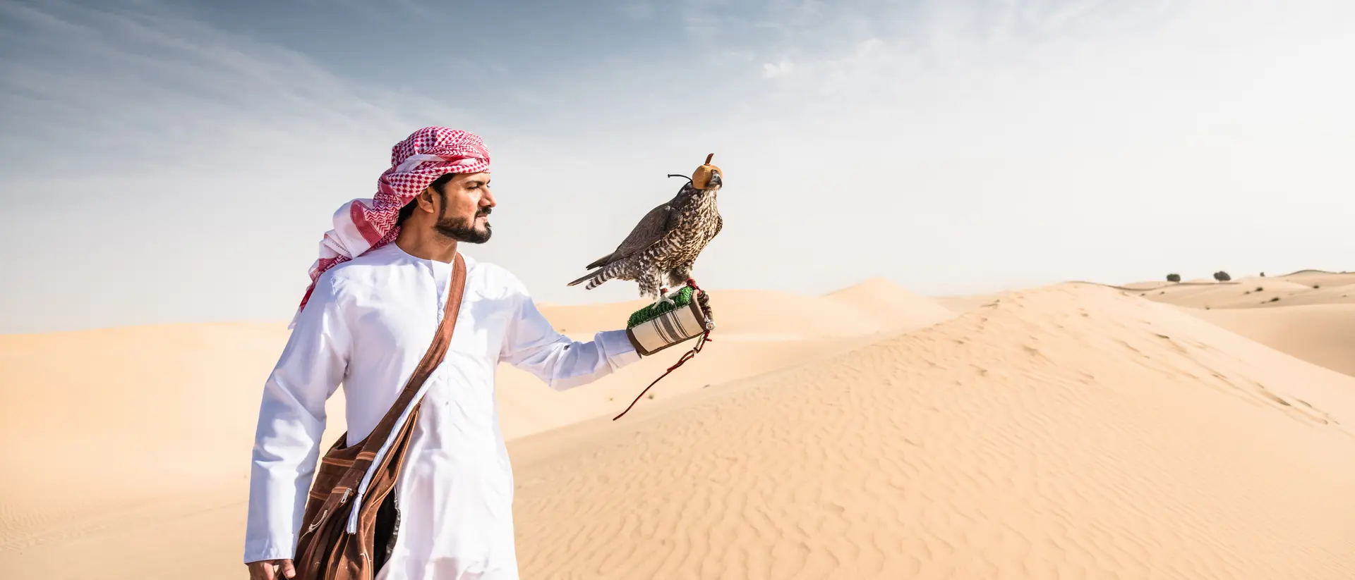 A man in traditional attire holds a falcon in the desert, with sand dunes and a clear sky in the background.