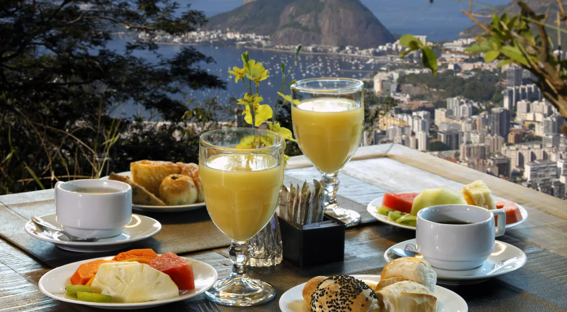 A scenic breakfast setting with fruit, pastries, coffee, and juices, overlooking a city and mountain view.