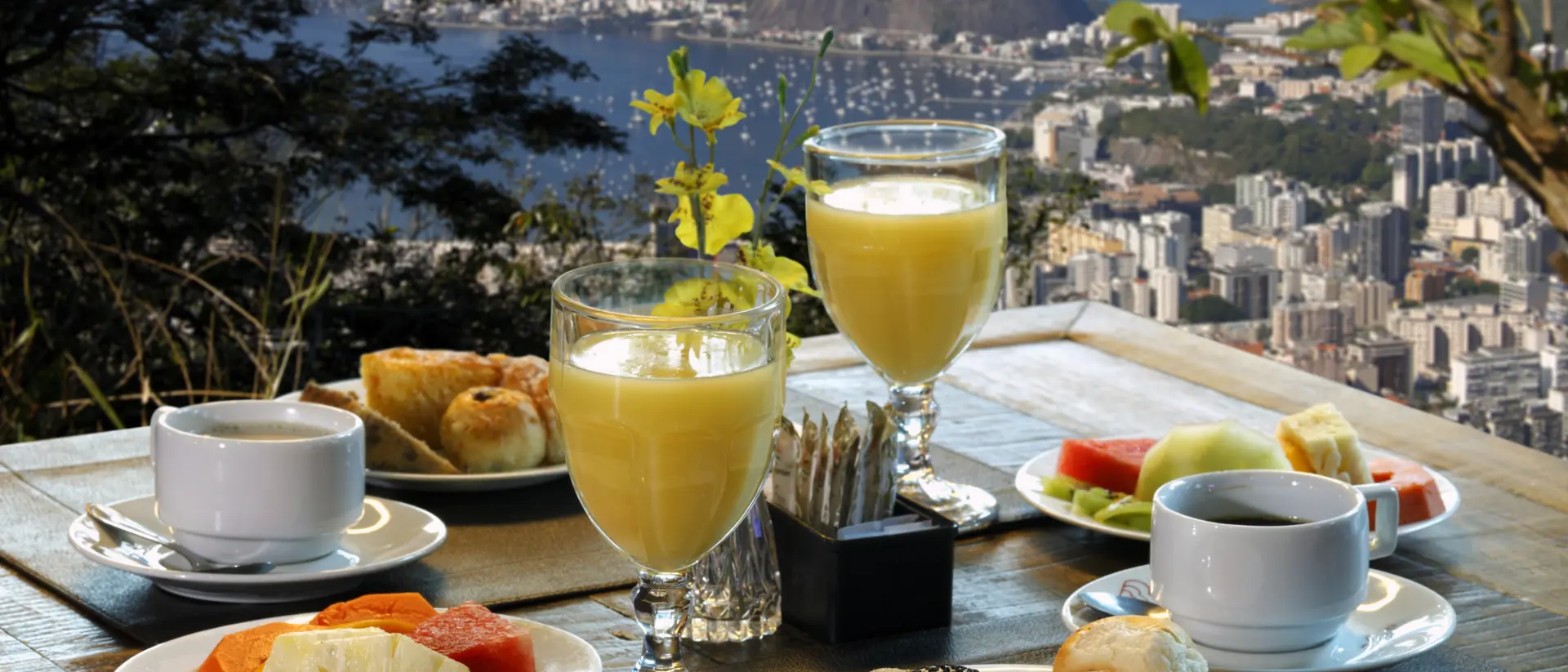 A scenic breakfast setting with fruit, pastries, coffee, and juices, overlooking a city and mountain view.