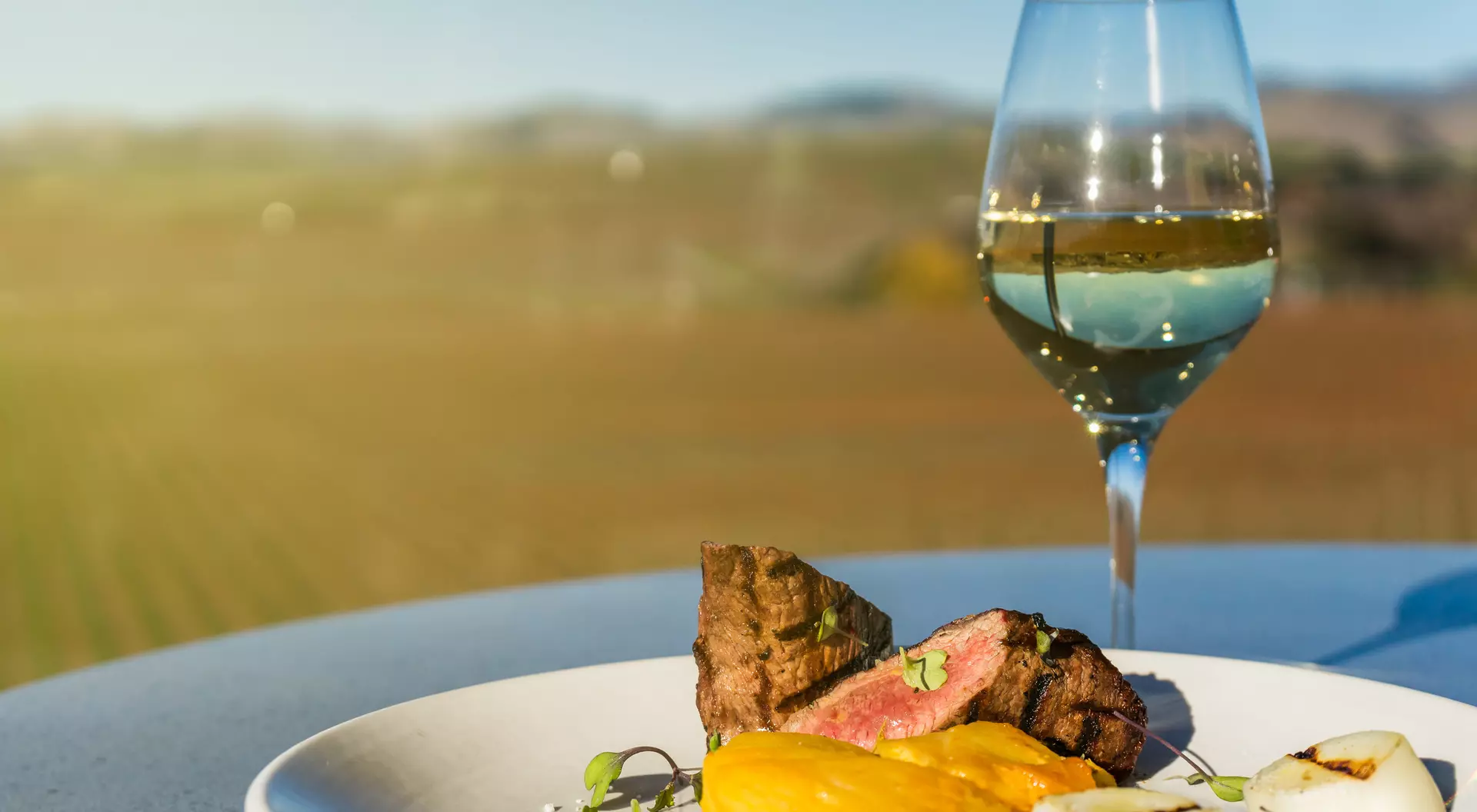A plate featuring steak, grilled vegetables, and a glass of white wine, set against a vineyard backdrop.