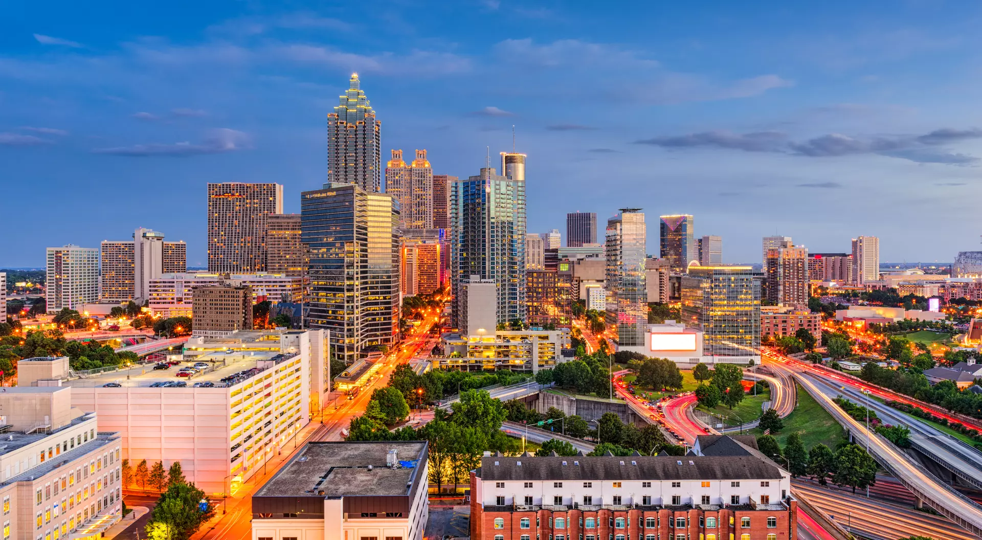 Downtown city centre at sunset