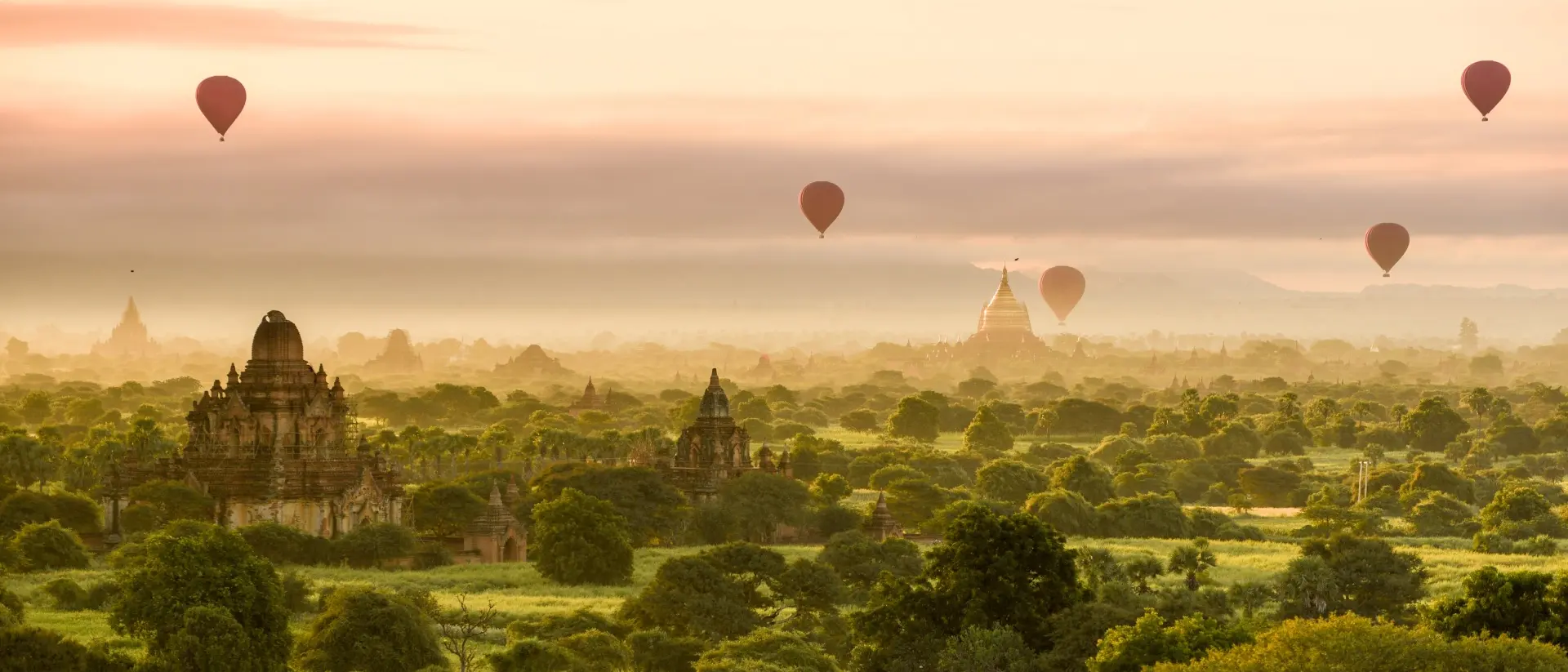 Bagan, Myanmar Hot air balloons dot the morning sky in Bagan, Myanmar