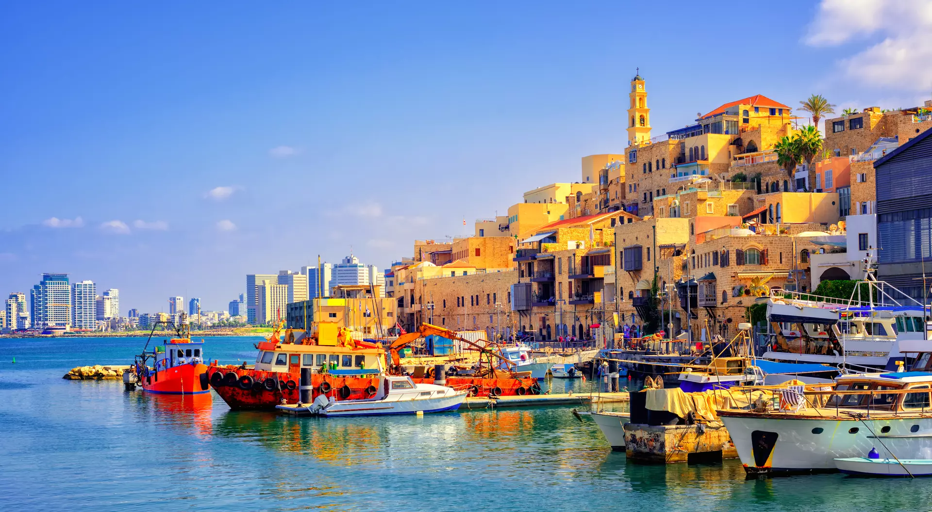 Port of Jaffa Old town and port of Jaffa and modern skyline of Tel Aviv city