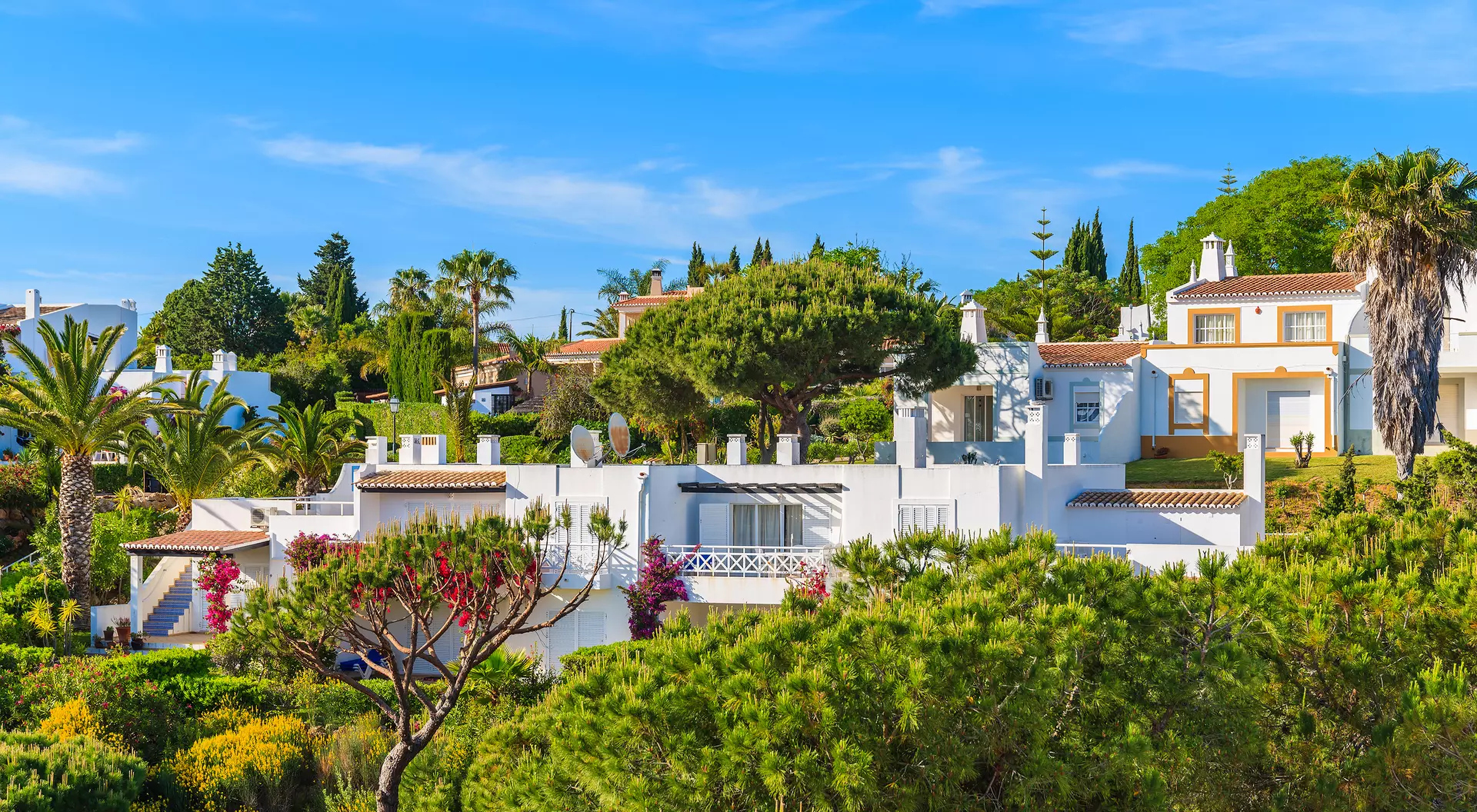 White villas surrounded by lush greenery and palm trees under a clear blue sky.