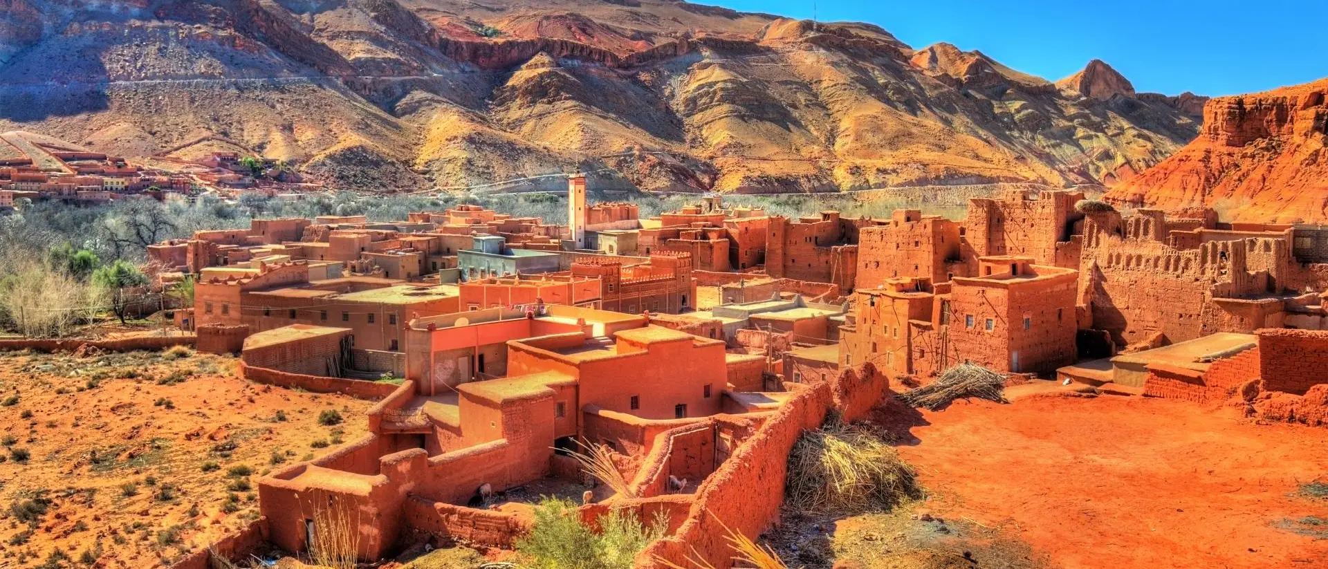 Bou Tharar village, Atlas Mountains View of Bou Tharar village. Morocco, the Valley of Roses with the mountains in the background