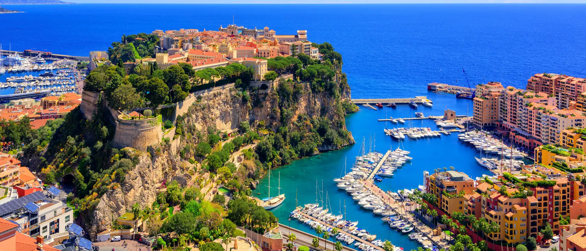 Old town and Prince Palace on the rock in Mediterranean Sea