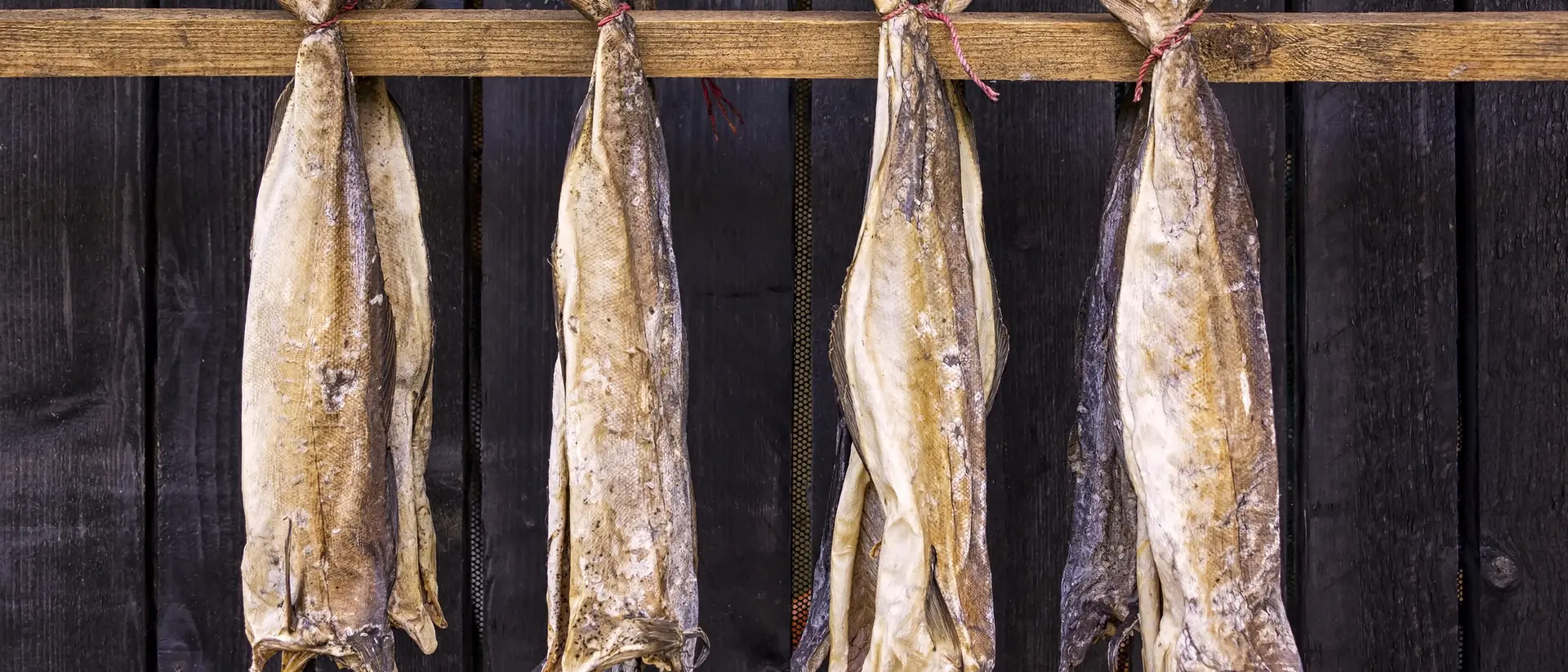 Four dried fish are hanging on a wooden rack against a dark background.