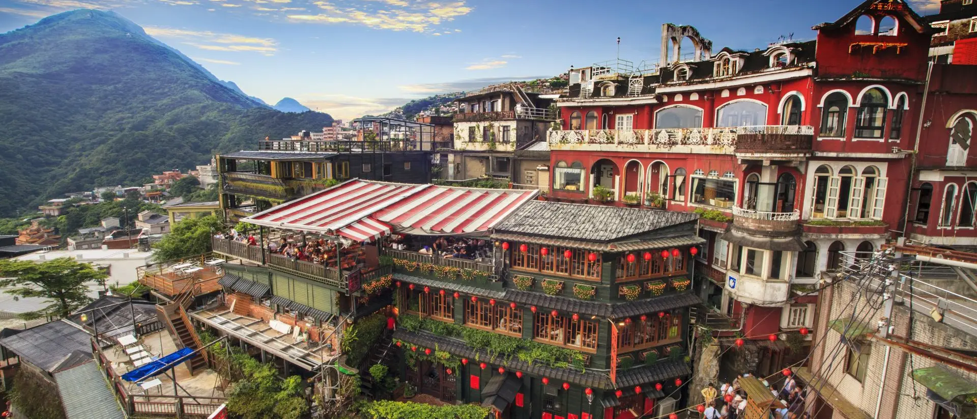 Evening view of hillside tea houses Jioufen village