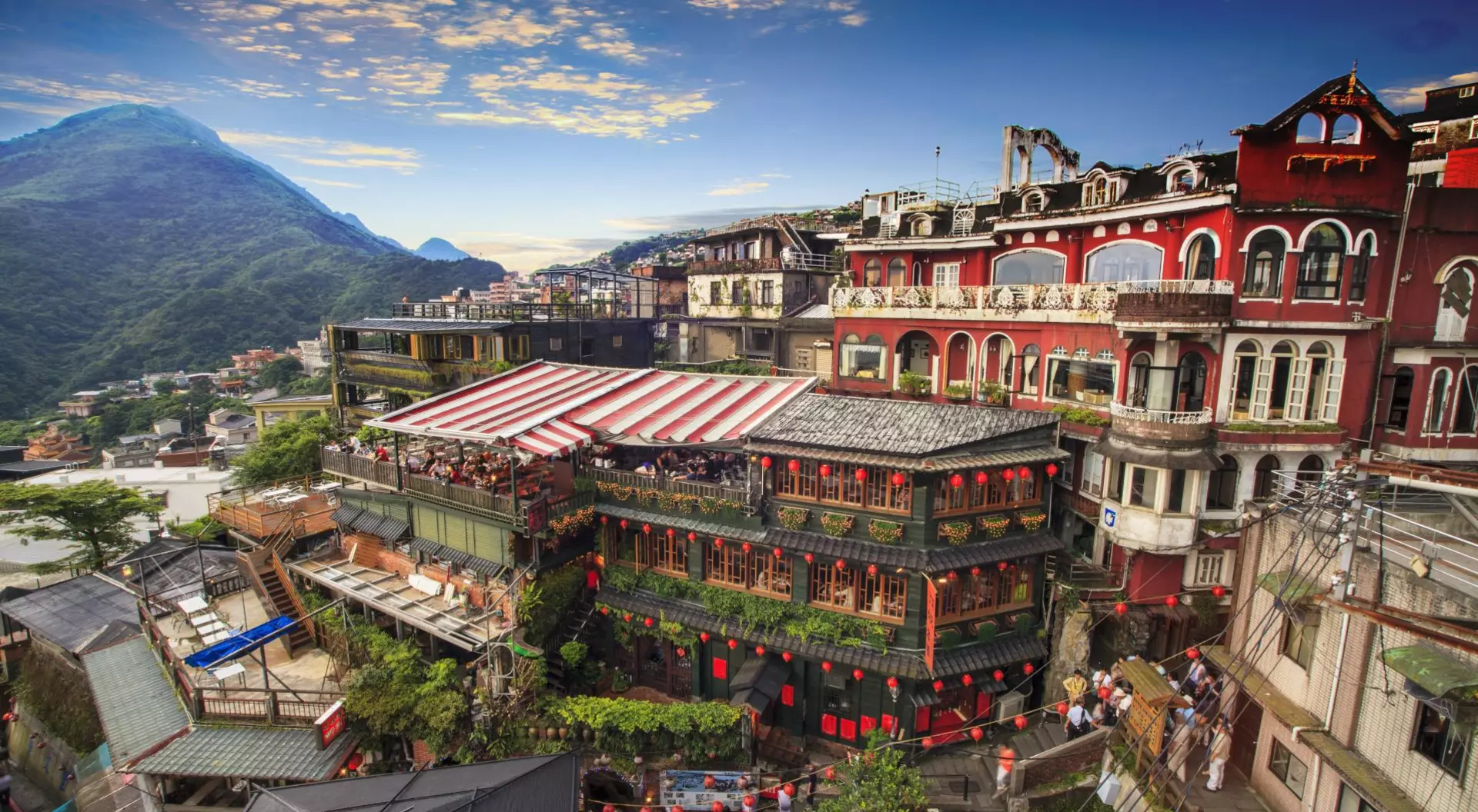 Evening view of hillside tea houses Jioufen village