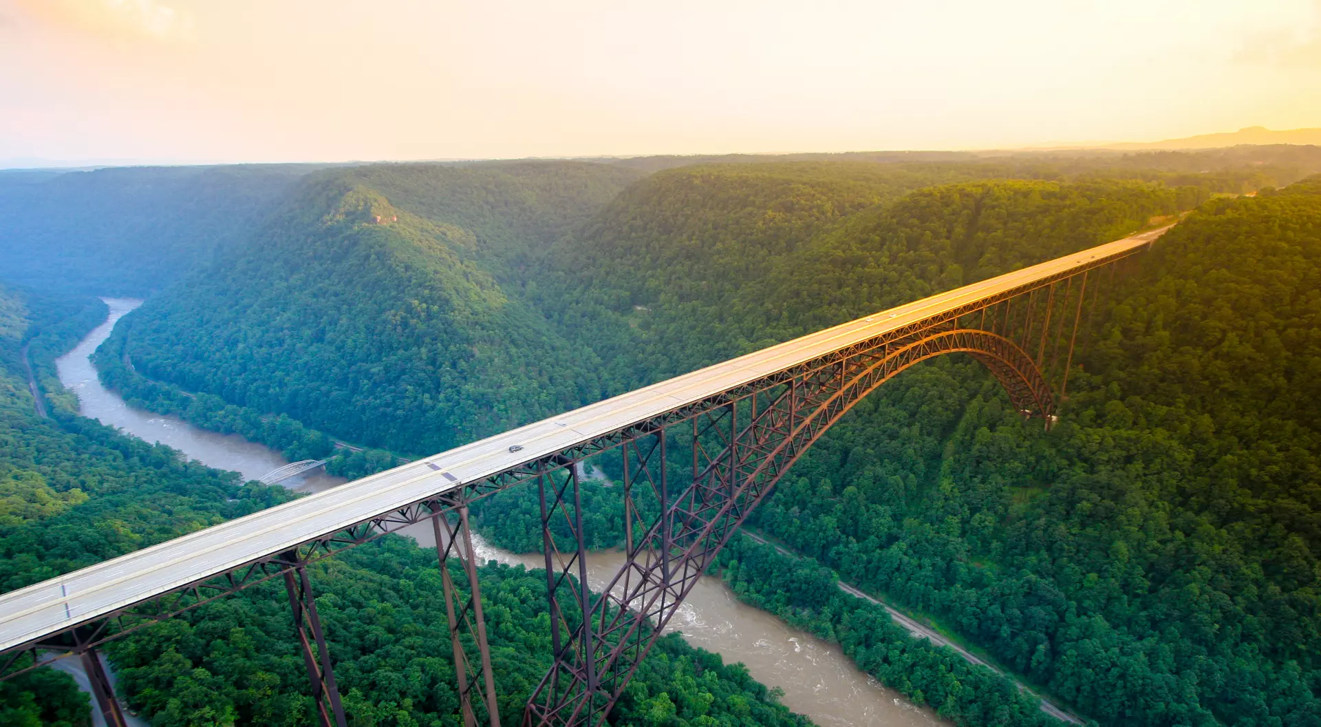 New River Gorge Sunset Aerial vew over the New River Gorge Bridge