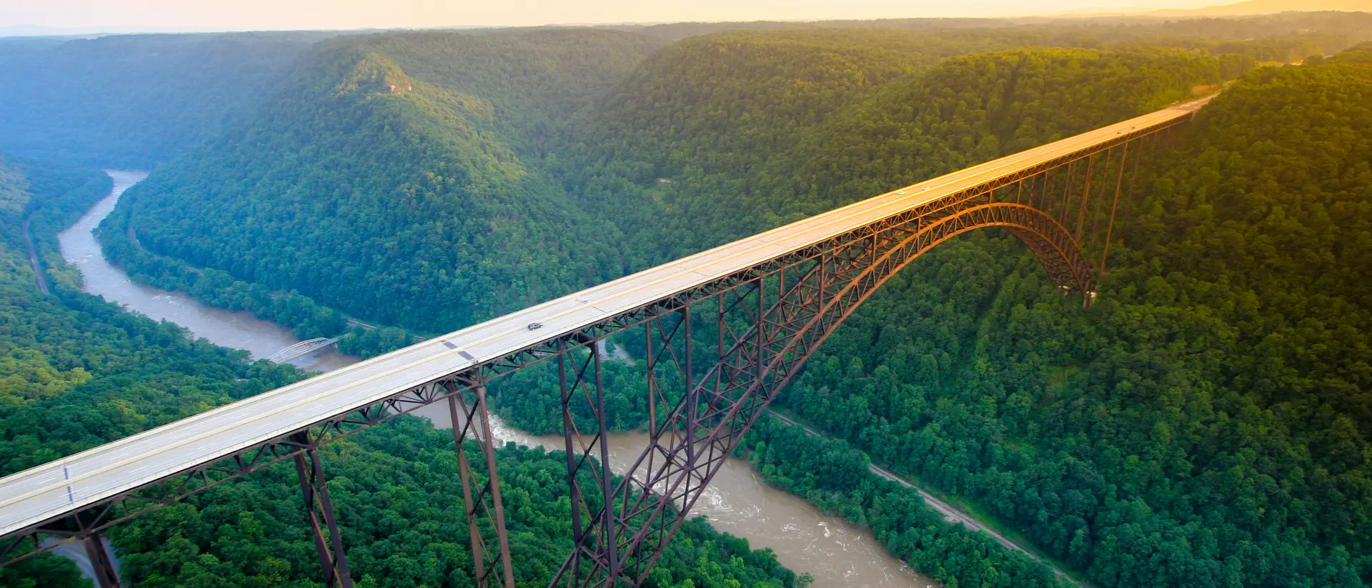 New River Gorge Sunset Aerial vew over the New River Gorge Bridge