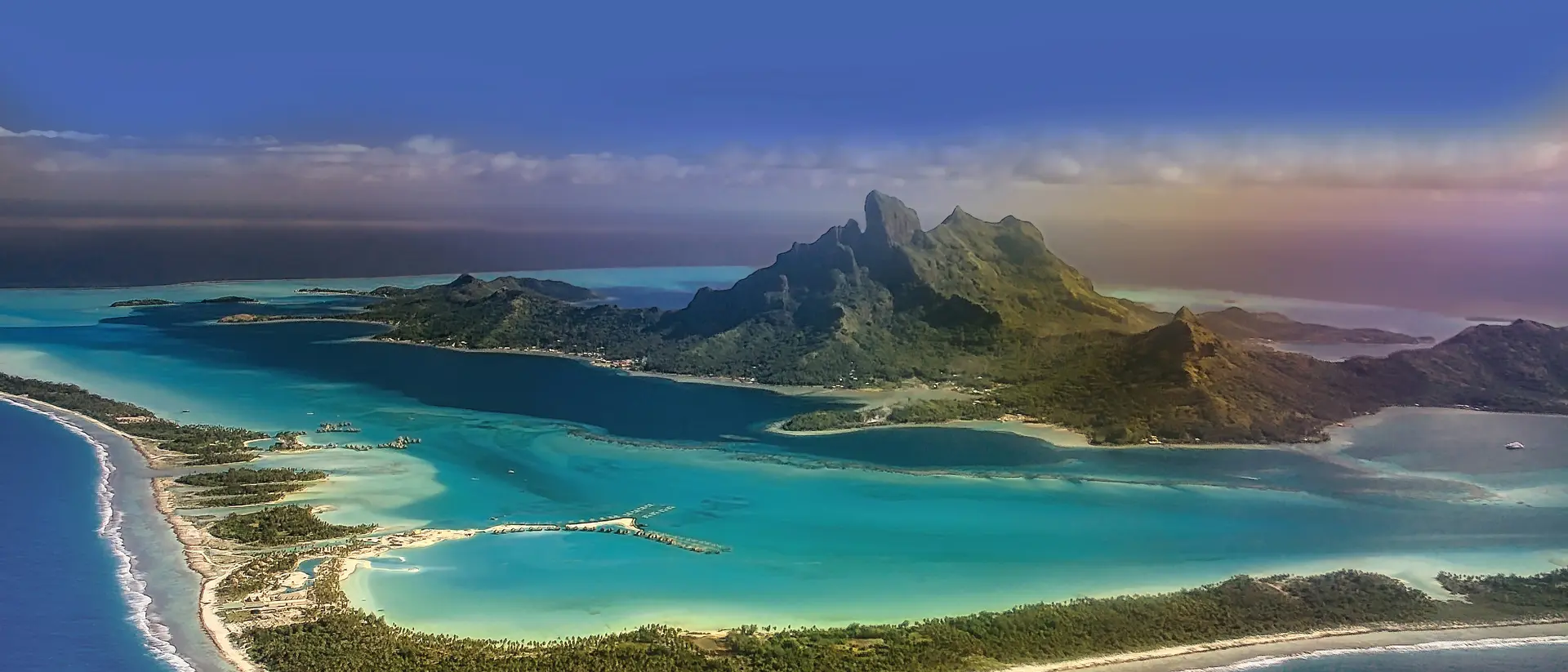 High angle view of beautiful Bora Bora island, in the French Polynesian islands