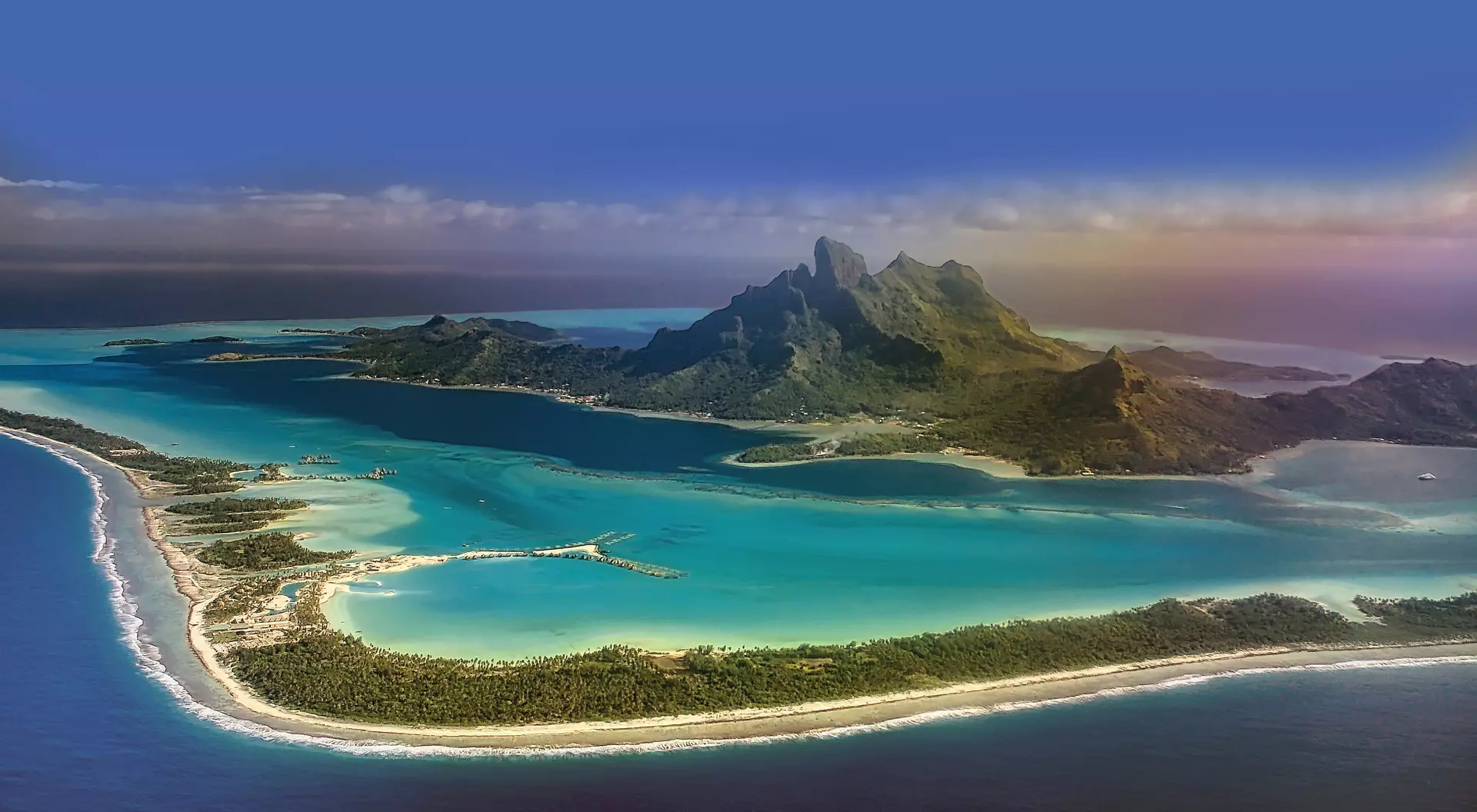 High angle view of beautiful Bora Bora island, in the French Polynesian islands
