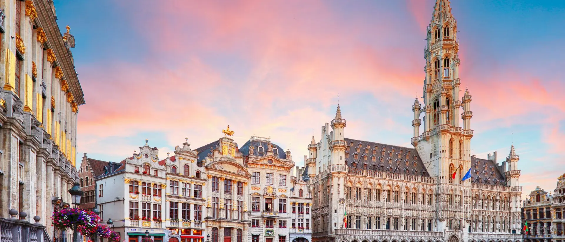 Bright and colorful sky just before sunset atop the Grand place, in Brussels, Belgium