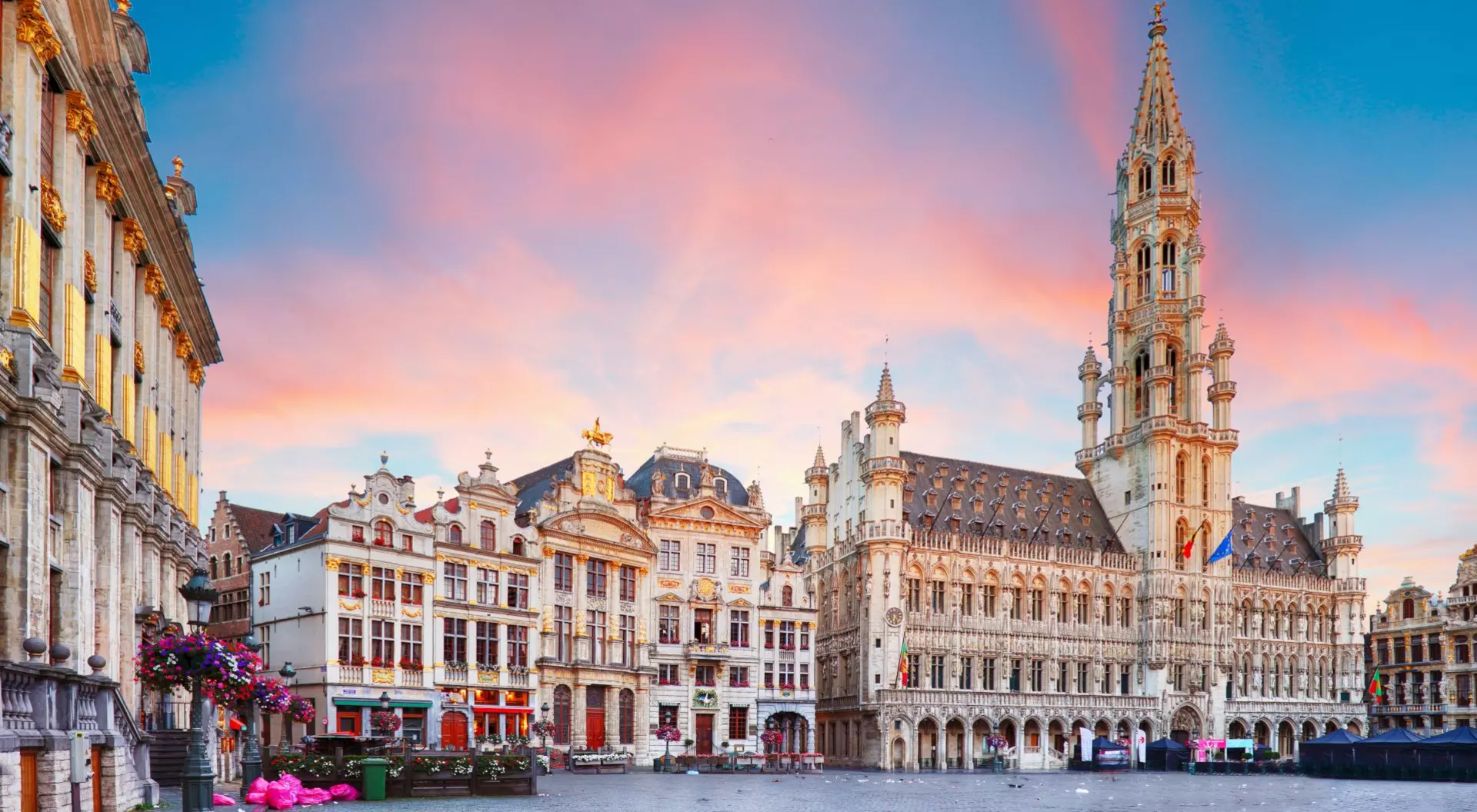 Bright and colorful sky just before sunset atop the Grand place, in Brussels, Belgium
