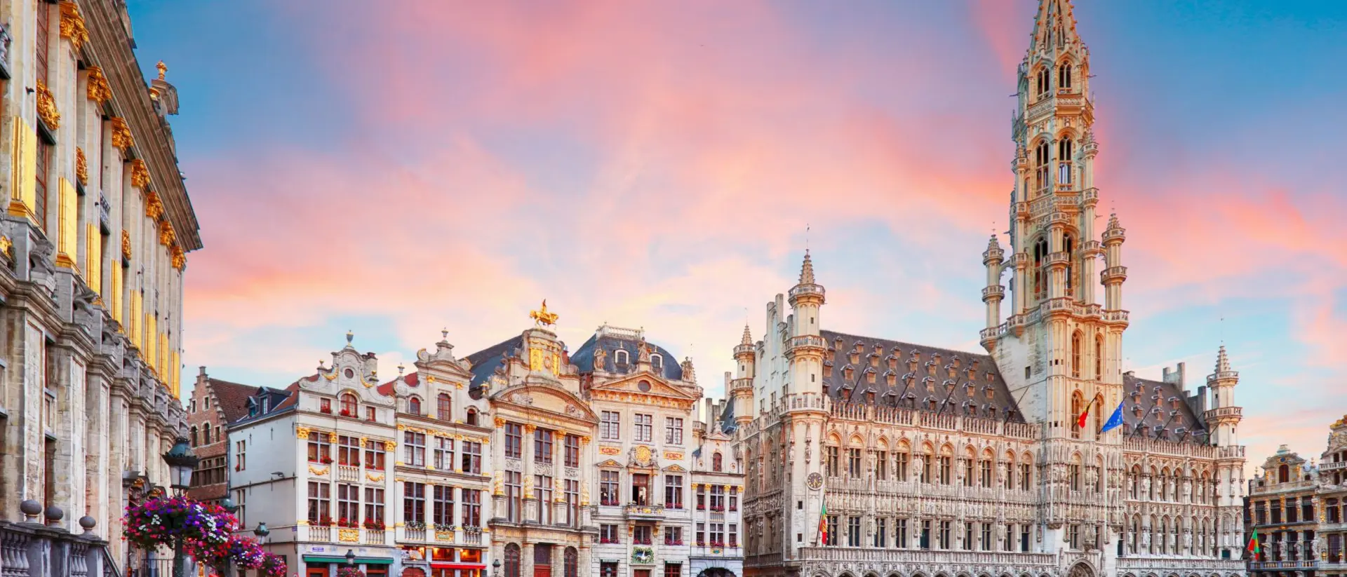 Bright and colorful sky just before sunset atop the Grand place, in Brussels, Belgium