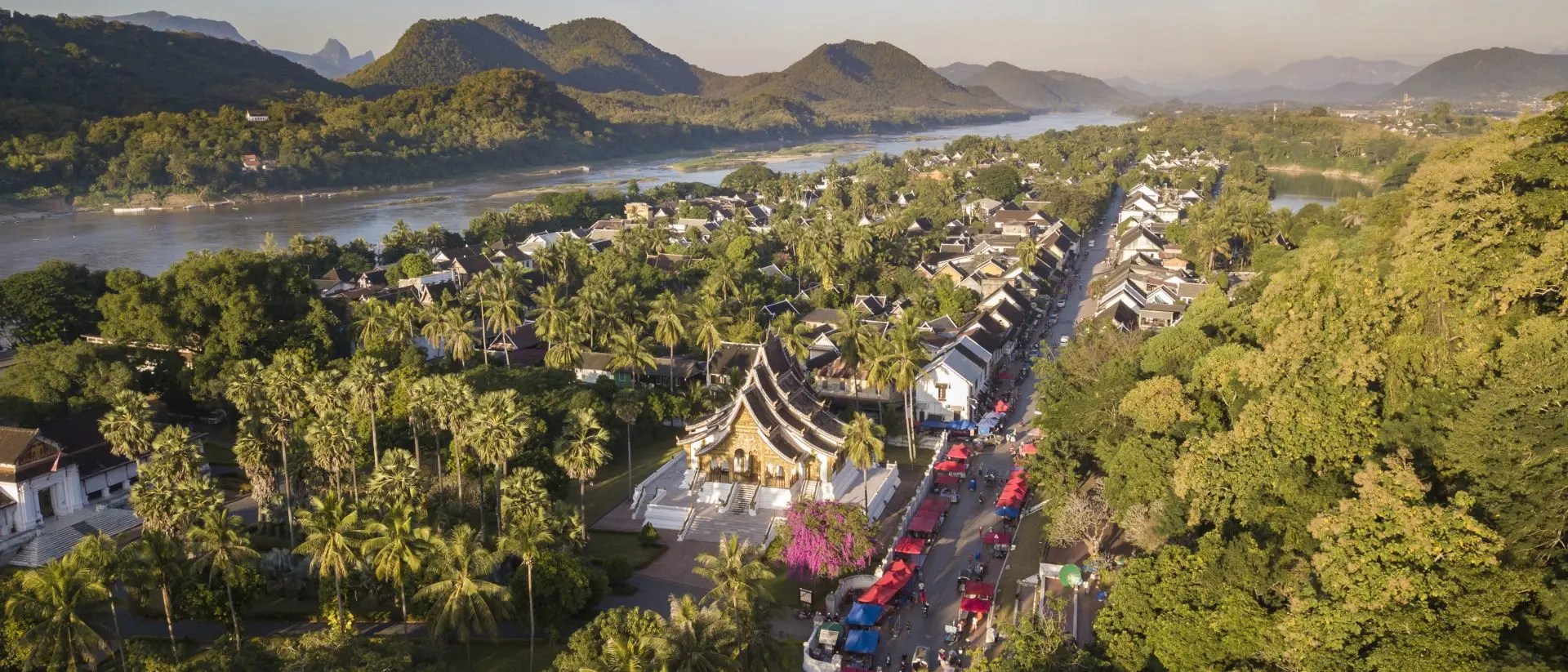 Aerial view of Luang Prabang along the Mekong River, an UNESCO World Heritage city in Laos