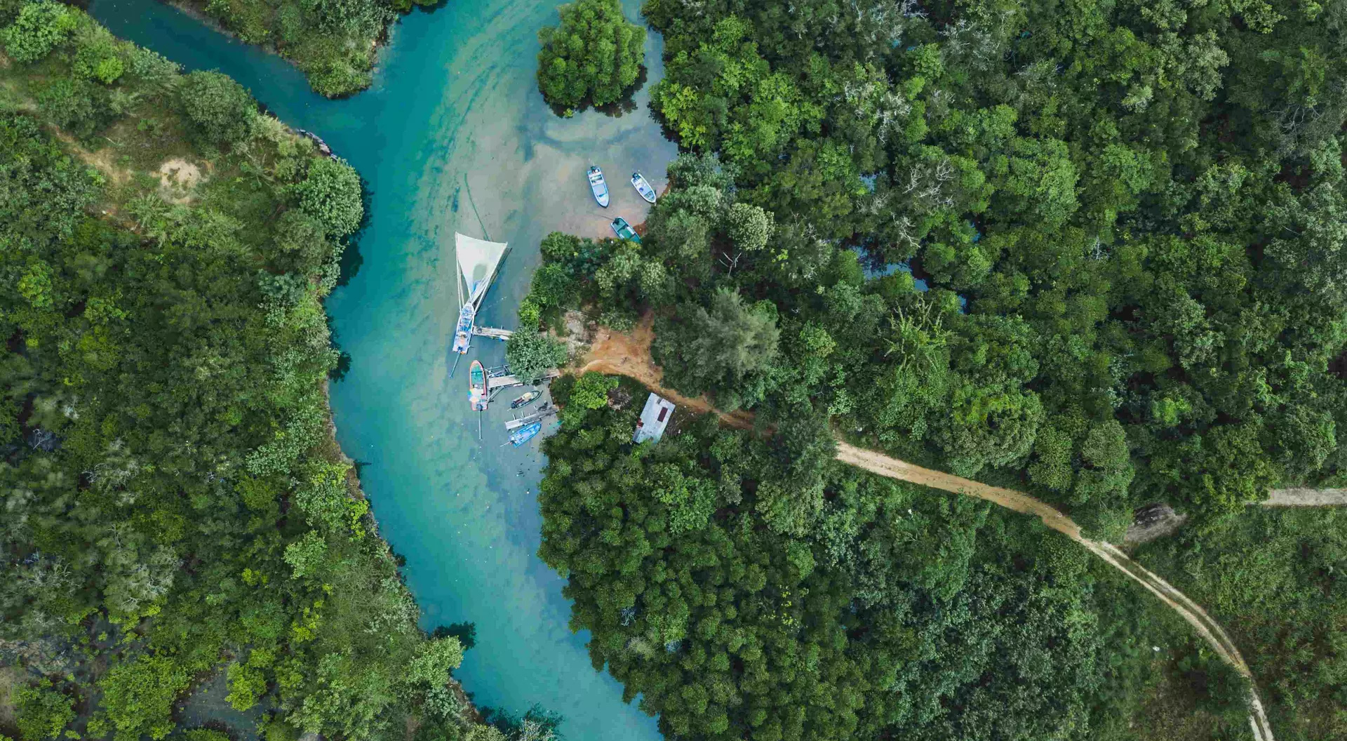 Koh Chang Aerial view of river in green tropical forest, beautiful nature scenery of jungle wilderness