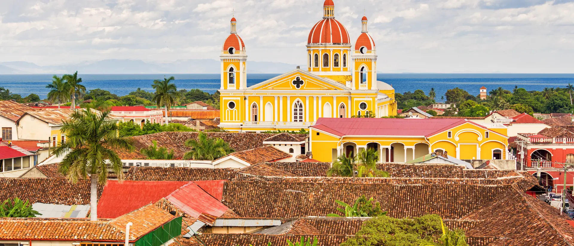 Granada Cathedral View of the city of Granada and the landmark Cathedral of Granada in Nicaragua with Lake Nicaragua in the background
