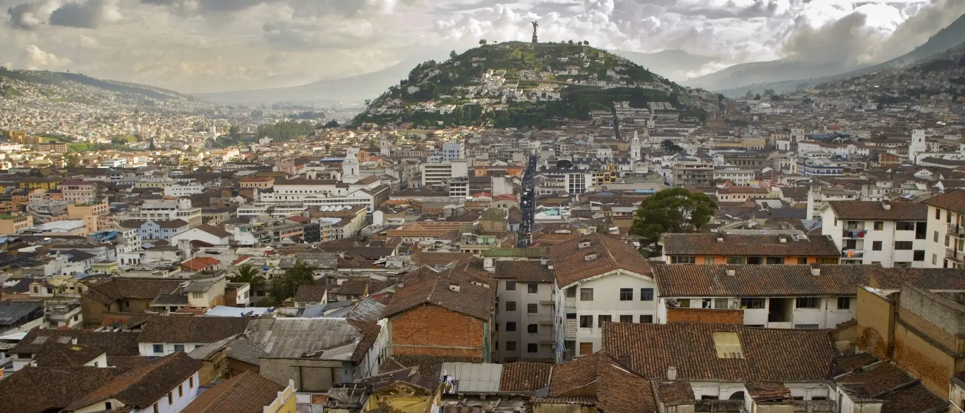 Skyline view of Quito, capital of Ecuador. It is situated on the lower slopes of the volcano Pichincha.